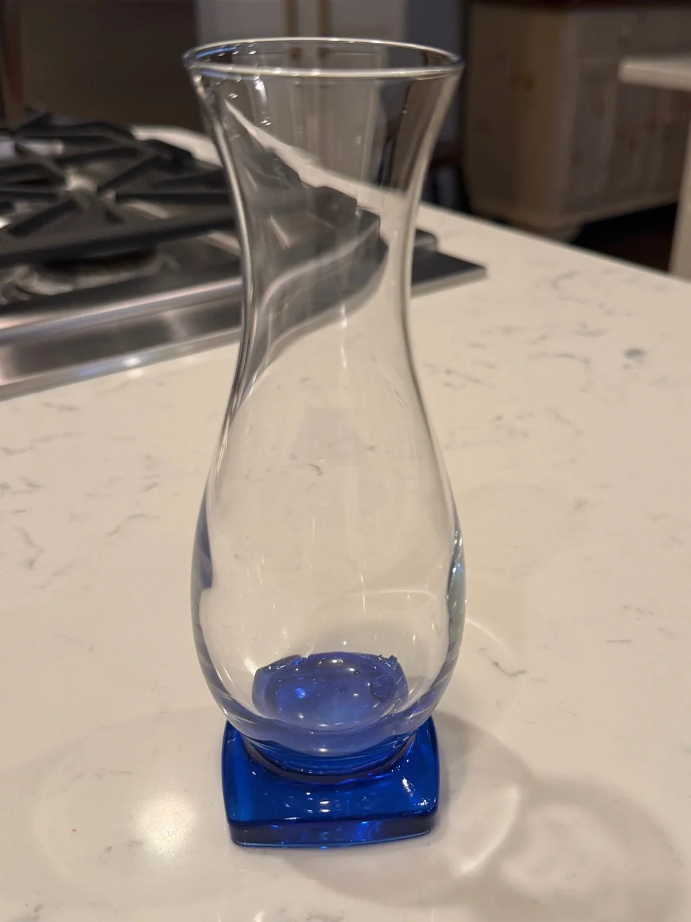 Clear Art Glass Bud Vase Cobalt Blue Square Base Flared Rim 7”